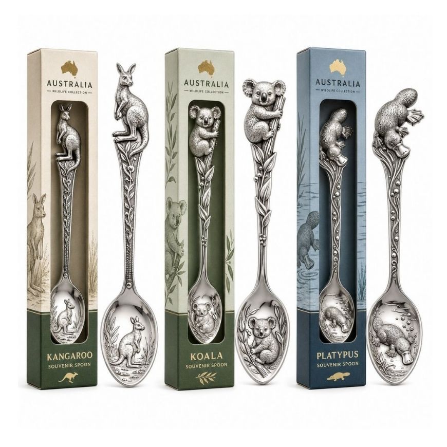 Australia wildlife souvenir spoon set in custom gift boxes featuring kangaroo, koala, and platypus 3D metal toppers.