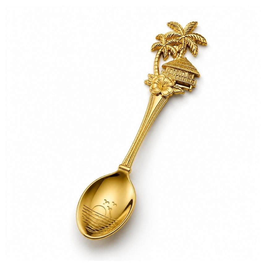 Gold-plated souvenir spoon featuring tropical palm trees and sunset engraving for custom tourism keepsakes.