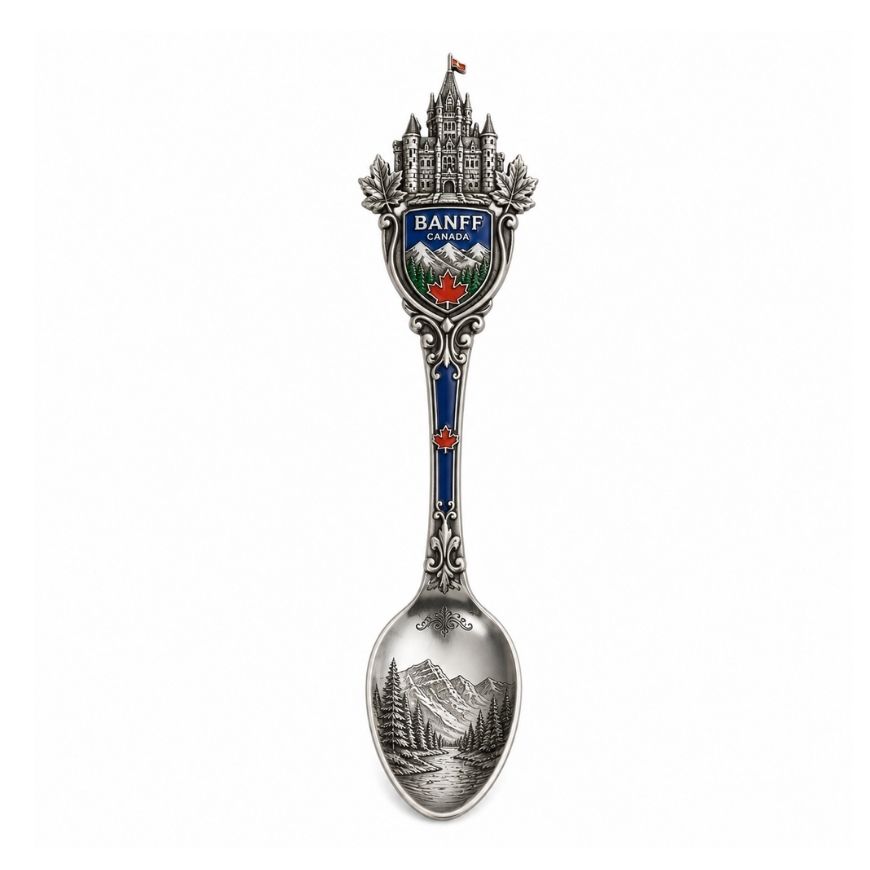 Vintage metal souvenir spoon displaying Banff Canada landmark motifs, designed for travel merchandise wholesale.
