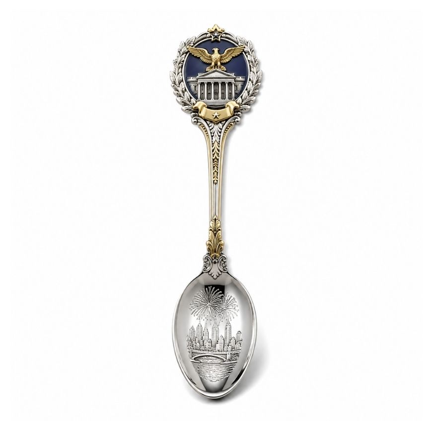 Silver and gold patriotic souvenir spoon with eagle crest and city skyline engraving for corporate collection.