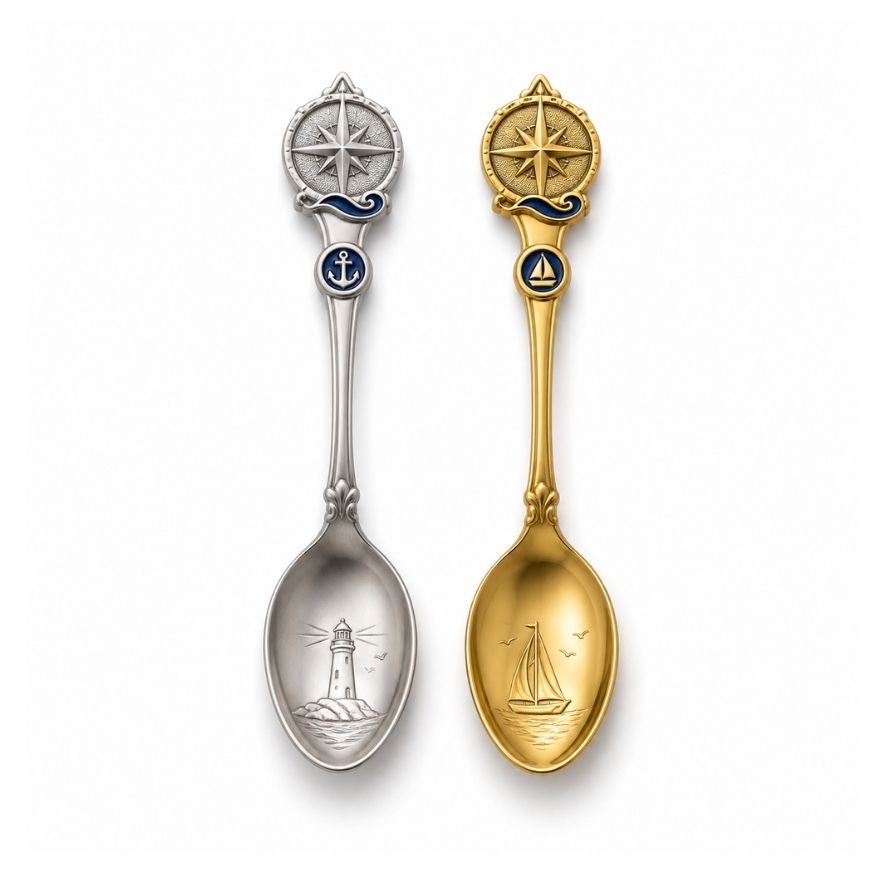 Nautical themed silver and gold souvenir spoons with compass top, lighthouse, and sailboat engravings.