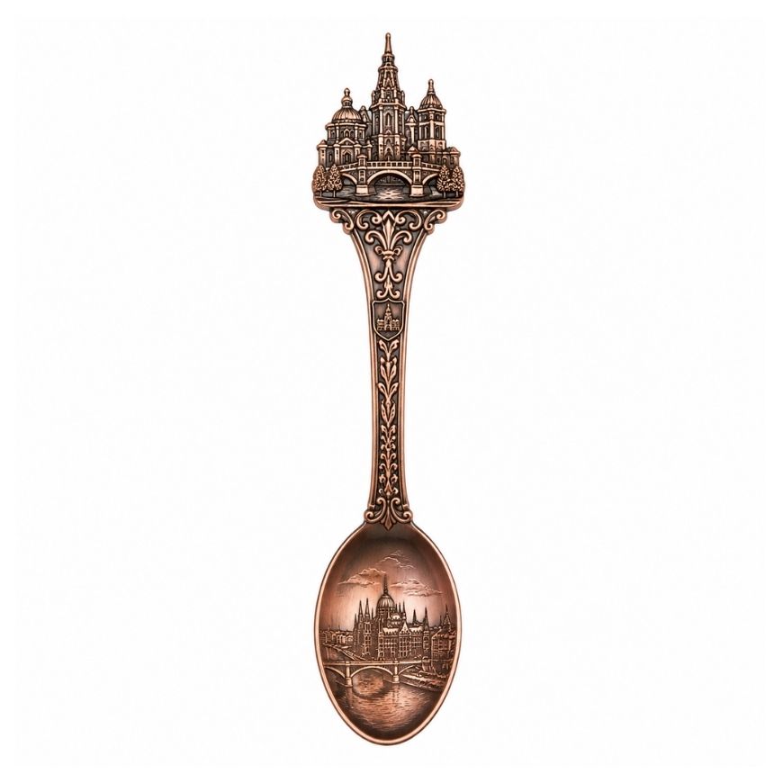 Antique bronze souvenir spoon featuring intricate castle design, suitable for custom tourist gift manufacturing.