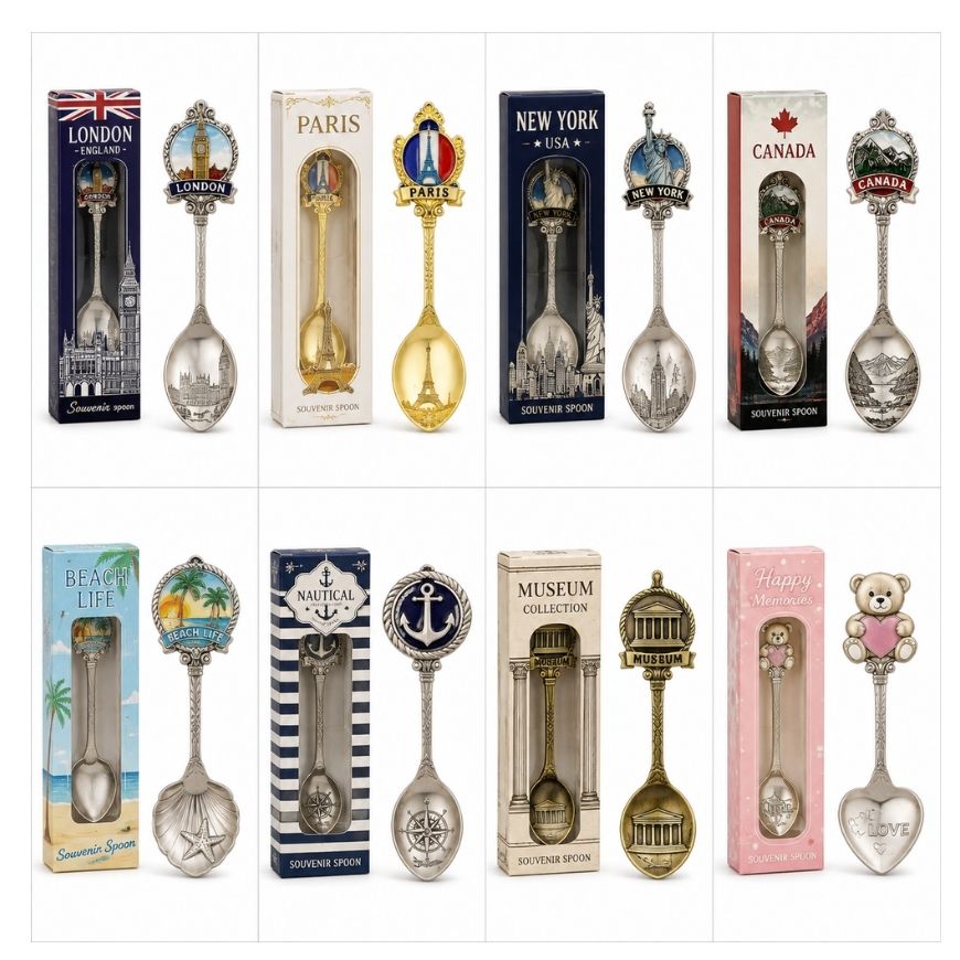 Collection of custom souvenir metal spoons in themed packaging boxes, ideal for wholesale gift and travel merchandise suppliers.