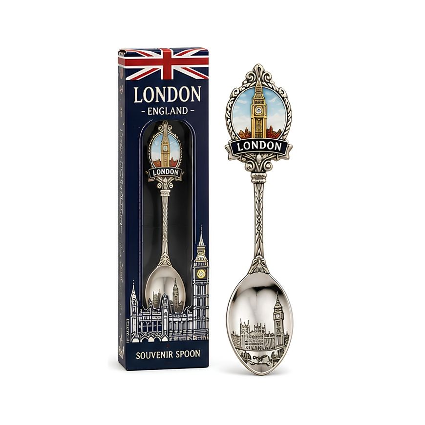 Silver London souvenir spoon featuring Big Ben emblem alongside custom retail packaging for B2B gift merchandise suppliers.