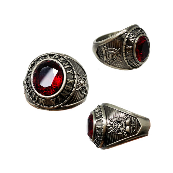 a champion ring with a red rhinestone and custom logo 3D effect made from JS pins