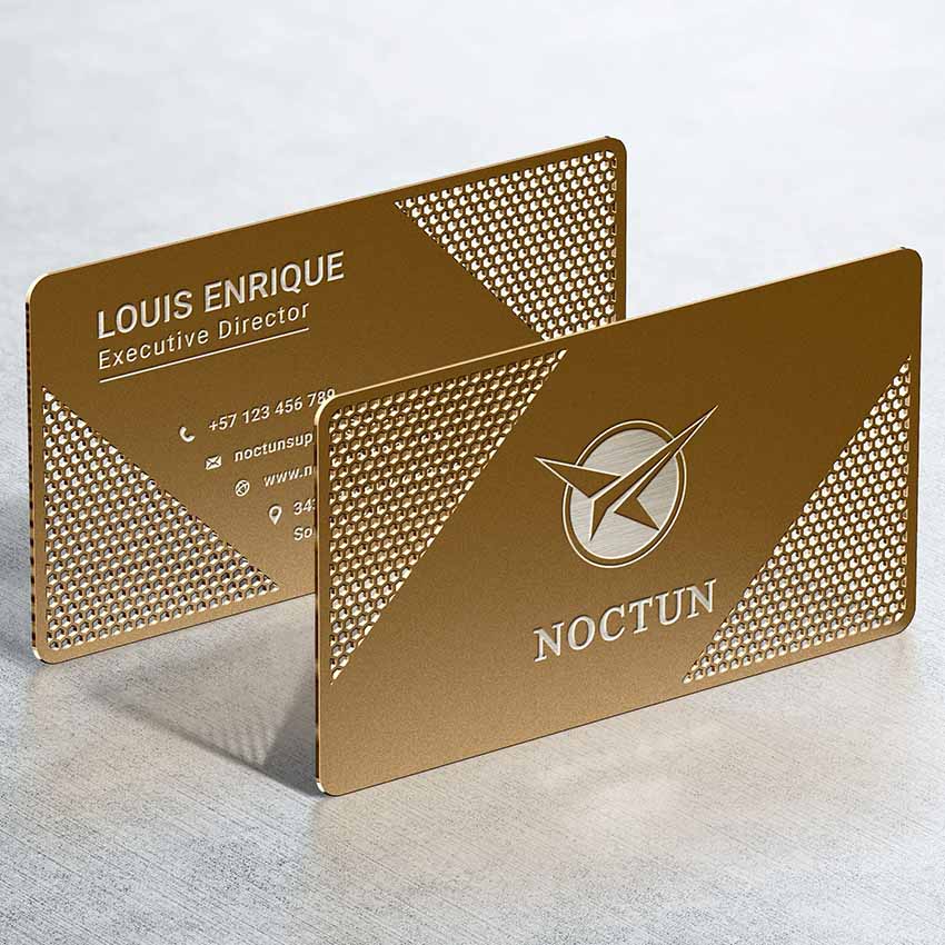 custom metal business card logo etched and cut out design