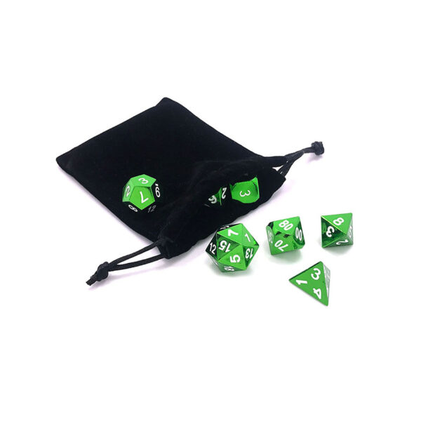 green metal dnd dice in a velvet pouch