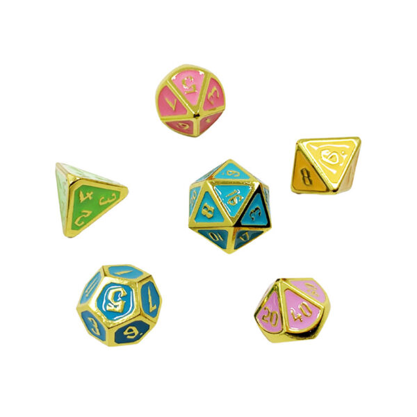 dnd dice set custom enamel blue yellow pink green colors