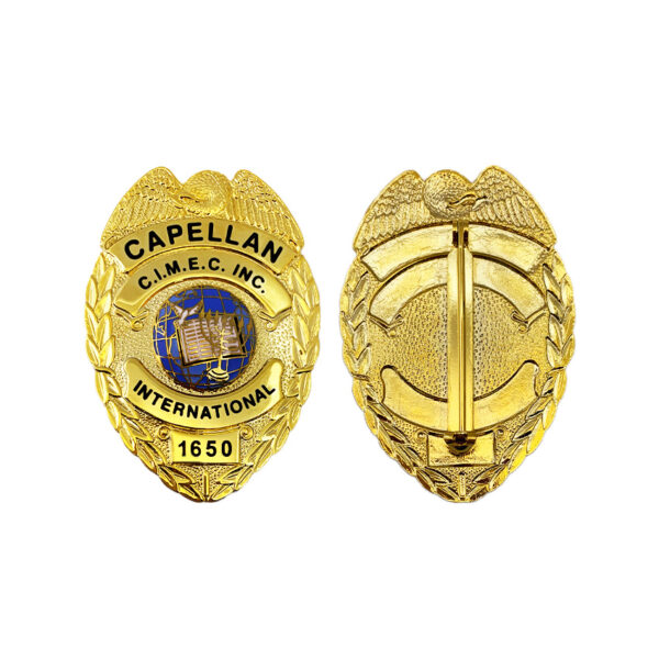 a gold police badge custom capellan logo made from js pins