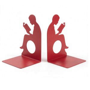 Minimalist red handmade bookends featuring a reading man silhouette for modern office and home interiors.