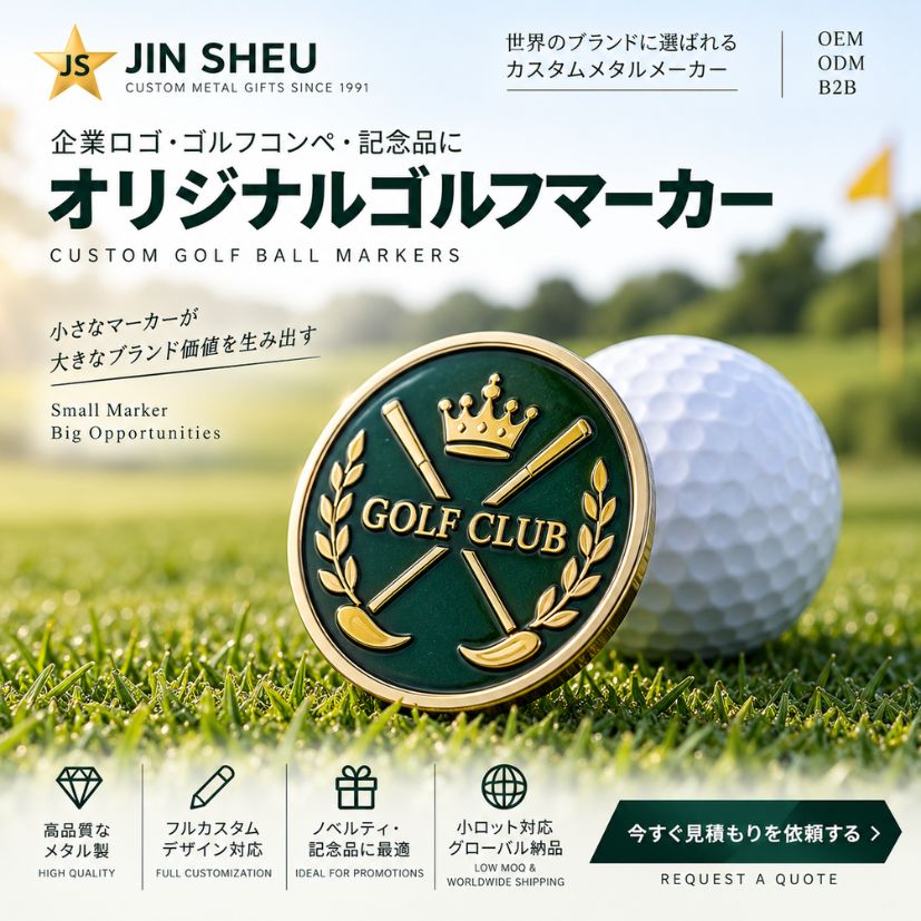 Custom metal golf ball marker with green enamel and gold clubs for B2B corporate promotional gifts and wholesale.