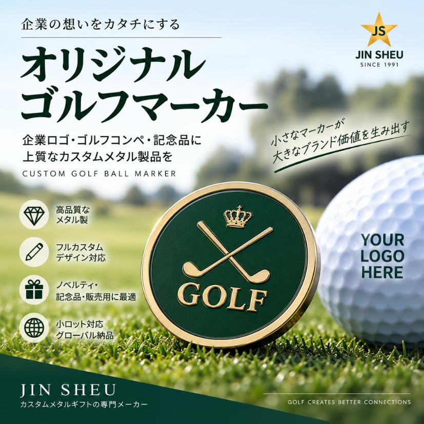 Dark green custom metal golf ball marker showcasing B2B OEM capabilities for corporate events and promotional gifts.