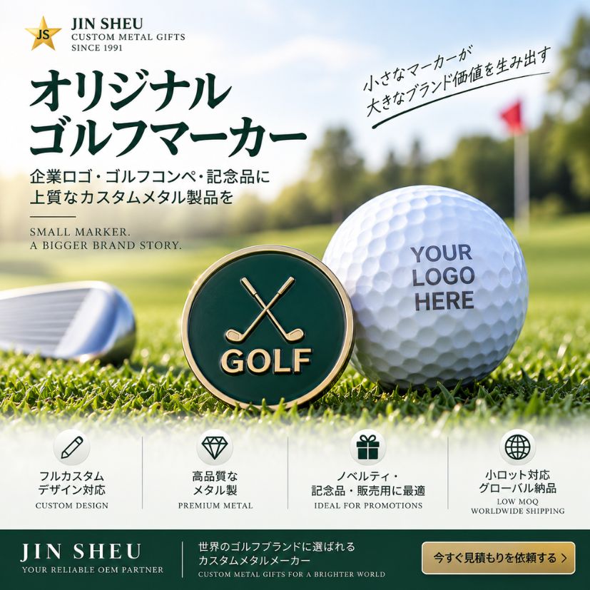 High-quality custom metal golf ball marker designed for B2B promotional gifts, featuring global shipping and low MOQ.