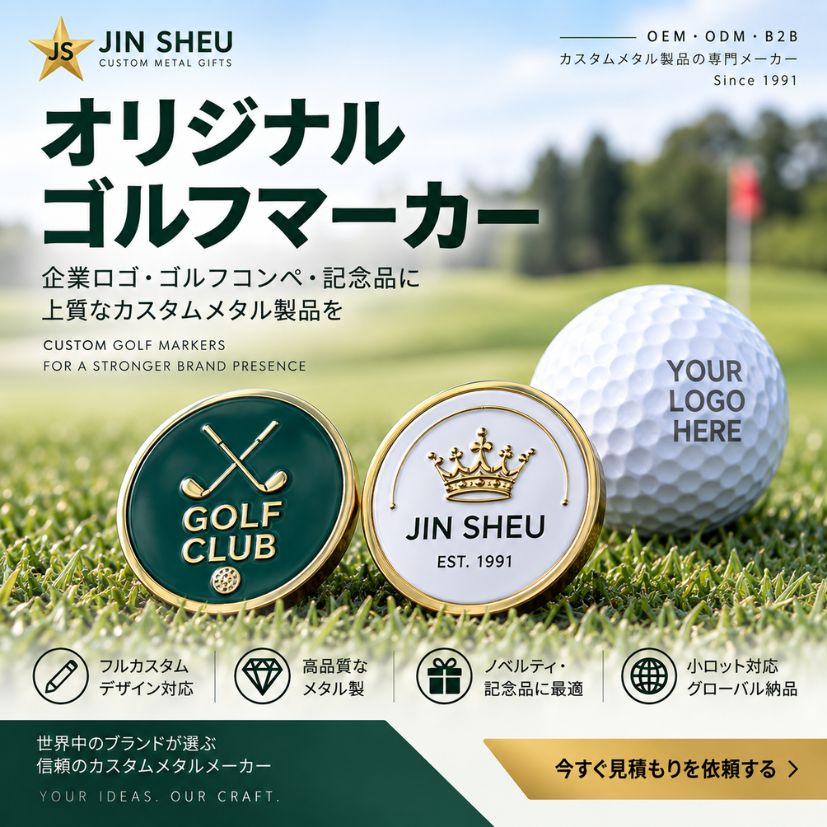 Two custom metal golf ball markers displaying B2B OEM design options for corporate branding and promotional giveaways.