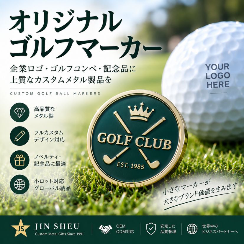 Premium green and gold custom golf ball marker on grass, highlighting B2B OEM manufacturing for corporate promotions.