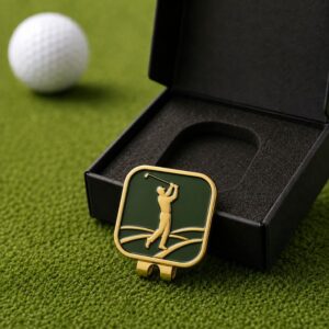 Square gold and green enamel golfer ball marker in a black box. Custom B2B metal accessories for golf tournament gifts.