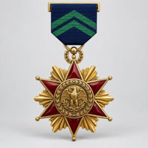 Custom Legion of Merit military medal with red enamel star, eagle medallion, and ribbon drape for OEM awards.