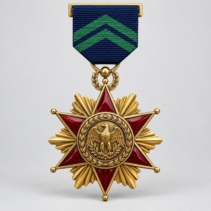 Custom Legion of Merit military medal with red enamel star, eagle medallion, and ribbon drape for OEM awards.