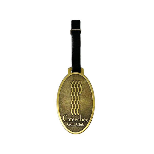 metal golf tags for bags ancient gold finishing and sandblasting