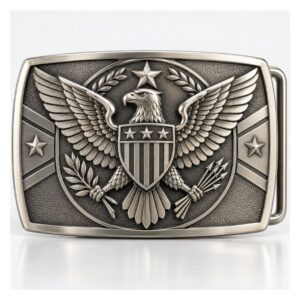 Antique silver military belt buckle featuring a detailed 3D embossed American eagle emblem for OEM wholesale.