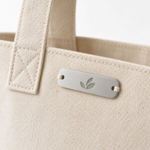 Custom silver rectangular metal logo plate engraved with a leaf design on a canvas tote bag.