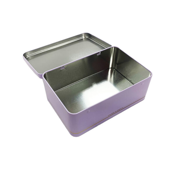 purple tin box with hinged lid