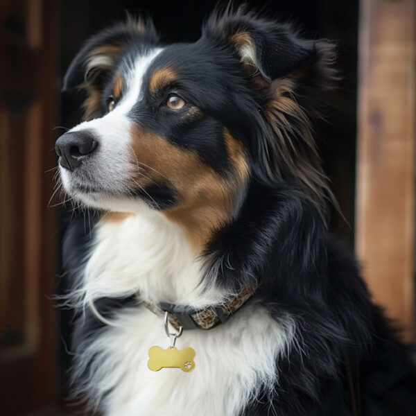 a dog with gold pet tag