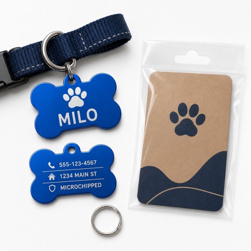 Blue bone-shaped aluminum pet ID tag with custom contact engraving and retail card packaging for wholesale customization.