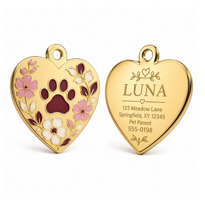 Gold heart-shaped pet ID tag with floral enamel front design and engraved personalized pet parent contact details.