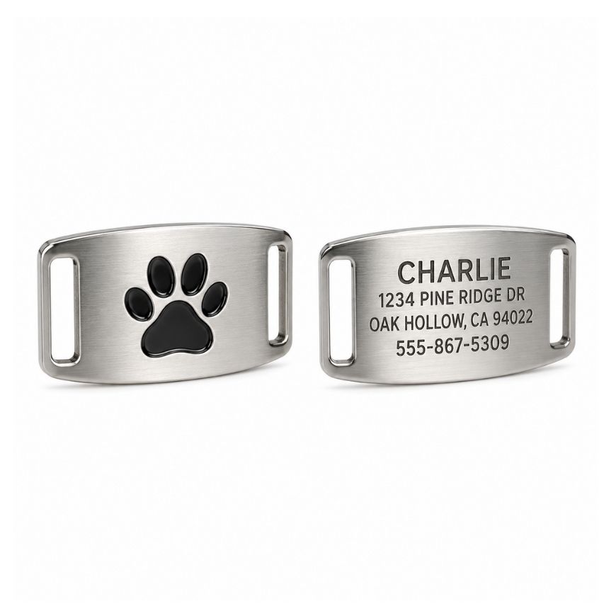 Slide-on stainless steel pet ID tag featuring a recessed paw print and custom laser engraving space for collars.