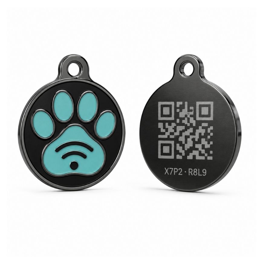 Black metal smart pet ID tag with teal paw print and laser-engraved QR code for digital pet tracking systems.