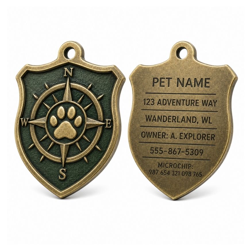 Antique brass shield pet ID tag with 3D compass paw design and engraved contact details for outdoor pet gear.
