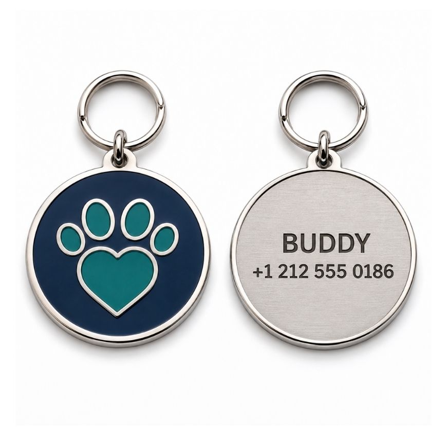 Round enamel pet ID tag in navy blue with heart paw icon and personalized back engraving for pet brands.