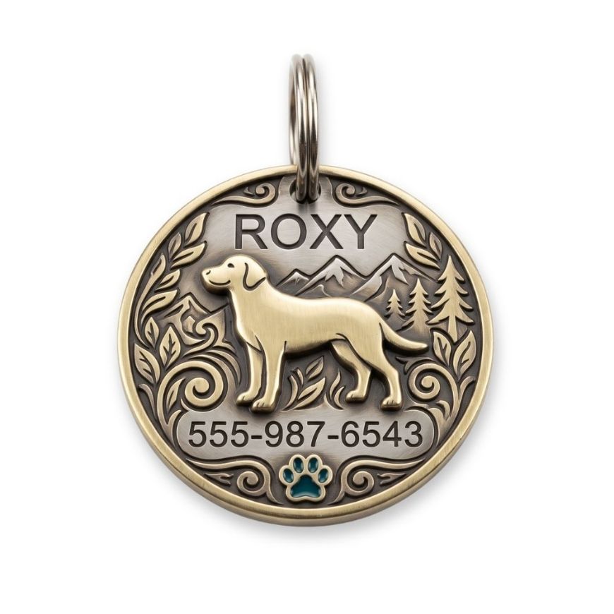 Antique brass pet ID tag featuring raised dog profile and mountain scenery for vintage pet accessory lines.