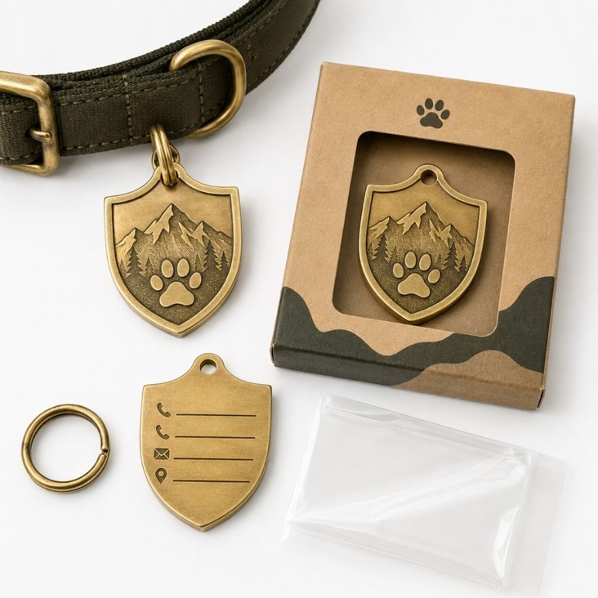 Antique brass shield pet ID tag featuring engraved mountain design and custom contact info with retail box options.