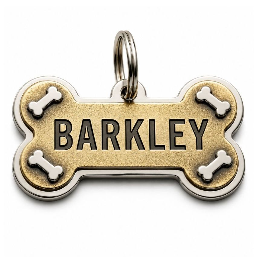 Two-tone metal bone pet ID tag with raised mini bone accents and engraved pet name for dog accessory wholesale.