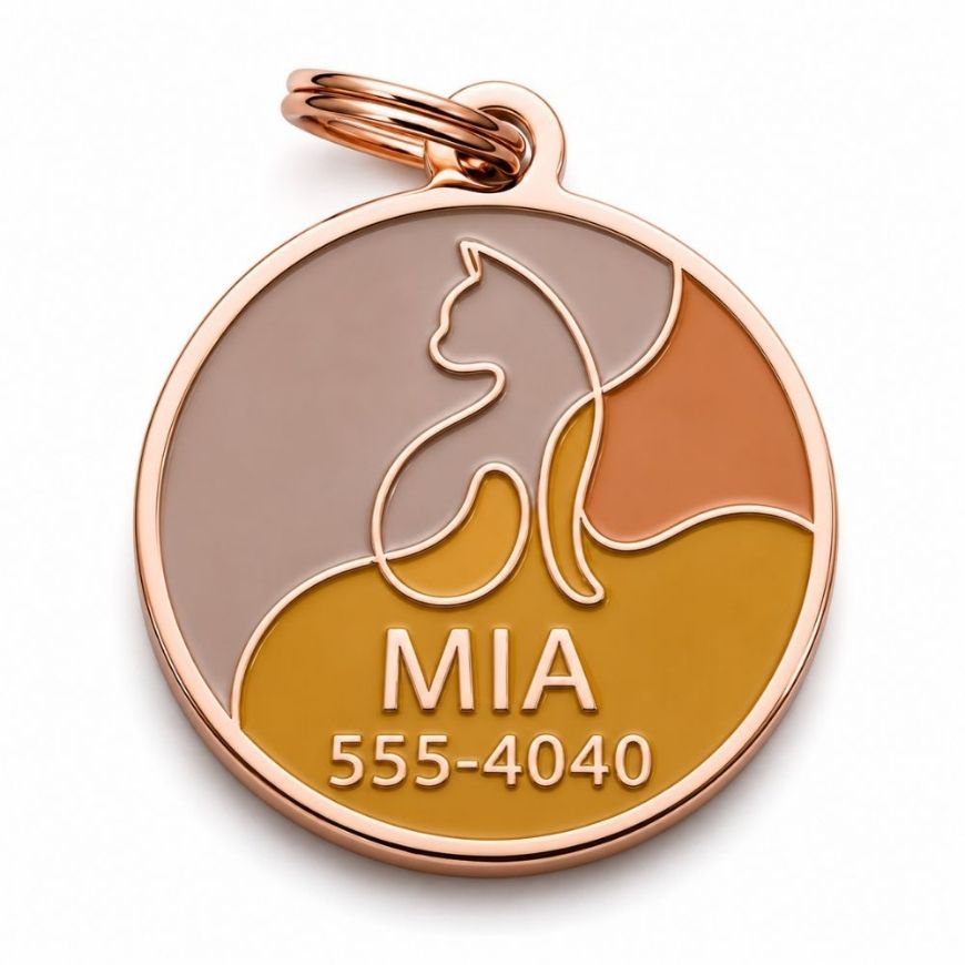 Round rose gold enamel cat ID tag with minimal feline outline design and engraved phone number for pet brands.