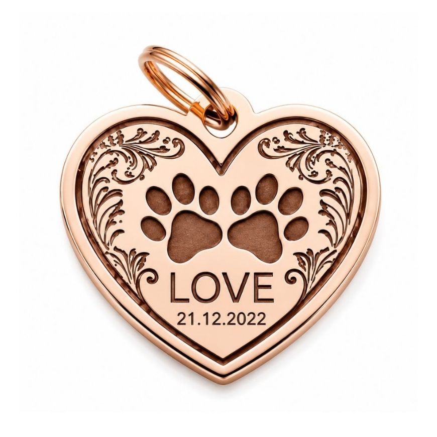 Rose gold heart pet ID tag featuring filigree engraving and cut-out paw print details for premium pet accessories.