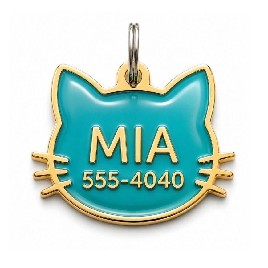 Teal enamel cat face ID tag with gold trim and laser-engraved contact details for wholesale pet tag suppliers.