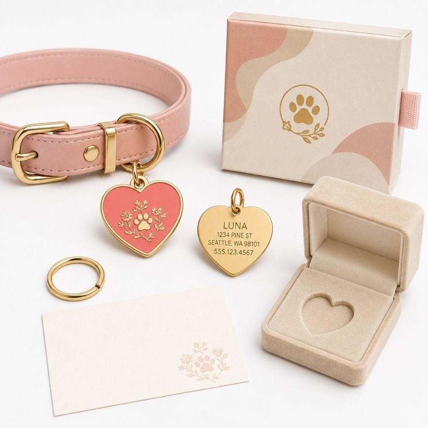 Heart-shaped pink enamel dog tag with custom laser engraving, packaged with collar and luxury velvet gift box.