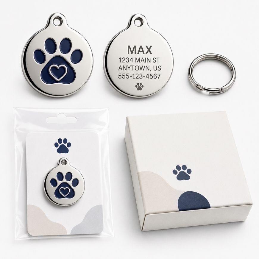 Round enamel pet ID tag with blue paw print design, back engraving area, and custom backing card packaging.