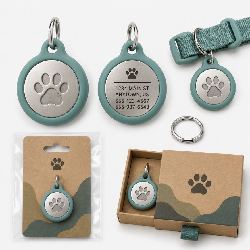 Teal silicone holder pet ID tag with stainless steel engraved plate, collar attachment, and retail packaging set.