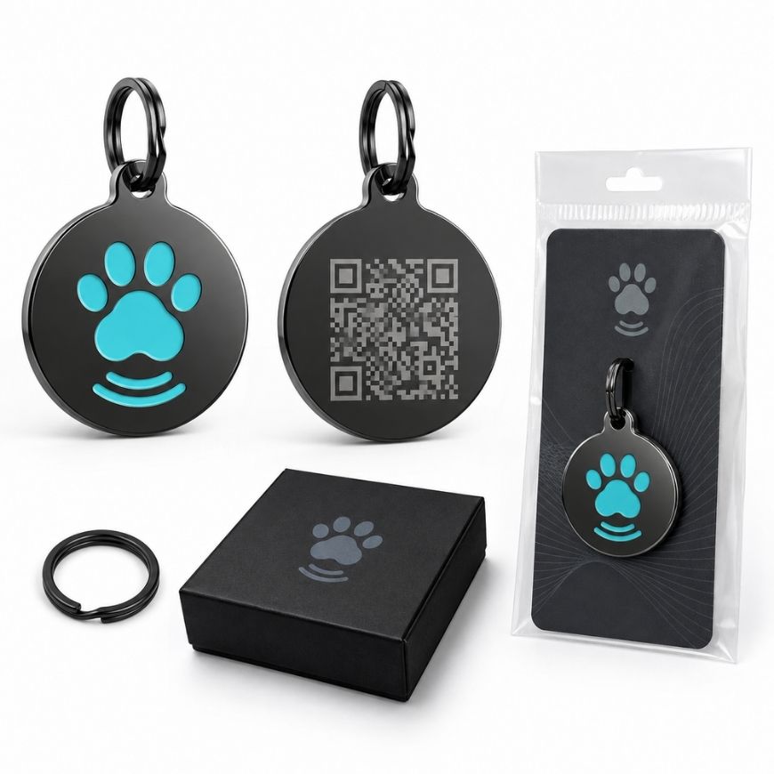 Black metal smart pet ID tag with engraved QR code tracking functionality and sleek black gift box packaging.