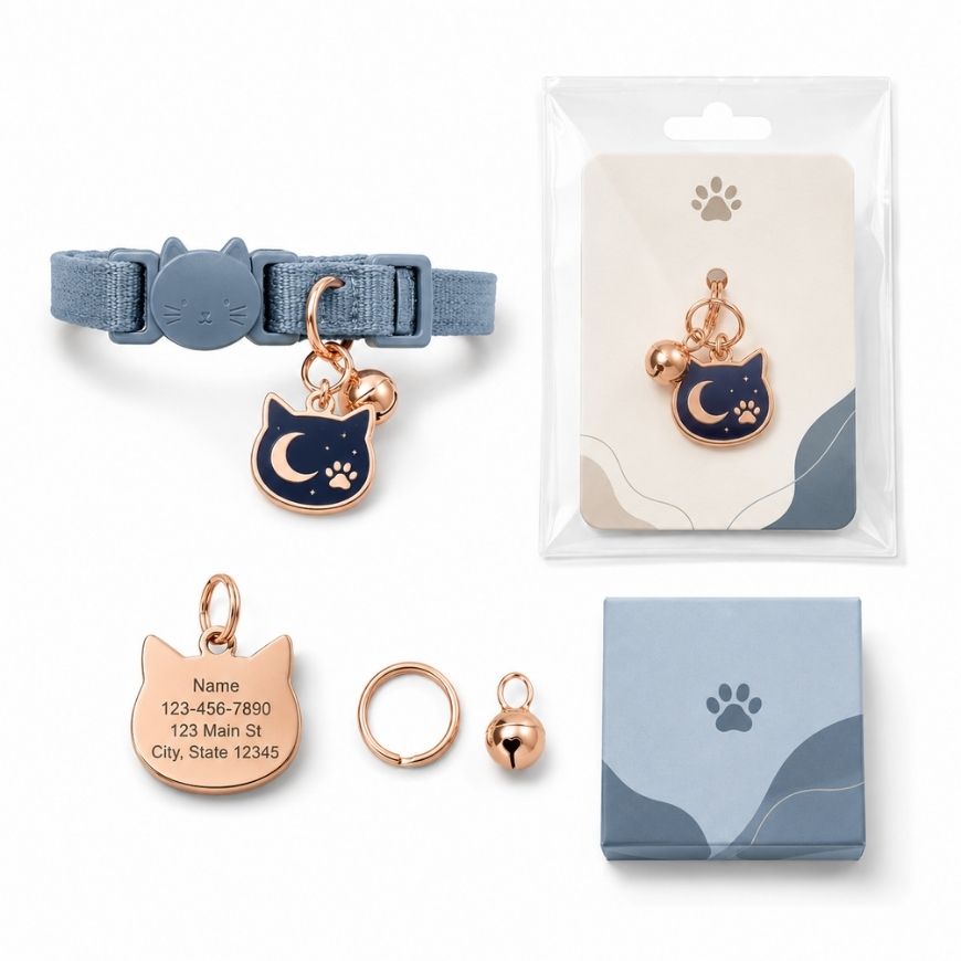 Rose gold cat head ID tag with enamel crescent moon design, bell accessory, and retail display card presentation.