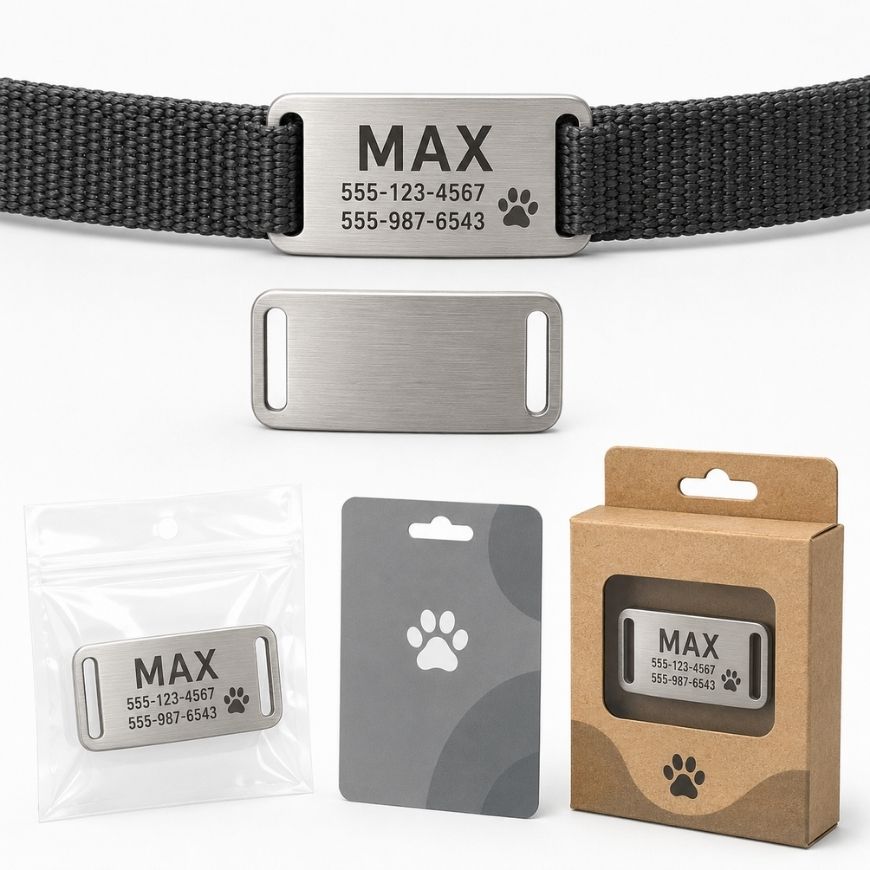 Slide-on stainless steel pet ID tag mounted on a collar with custom contact engraving and eco-friendly packaging.