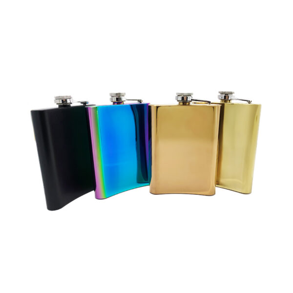 8oz square hip flask in black, rainbow, rose gold and gold finishing