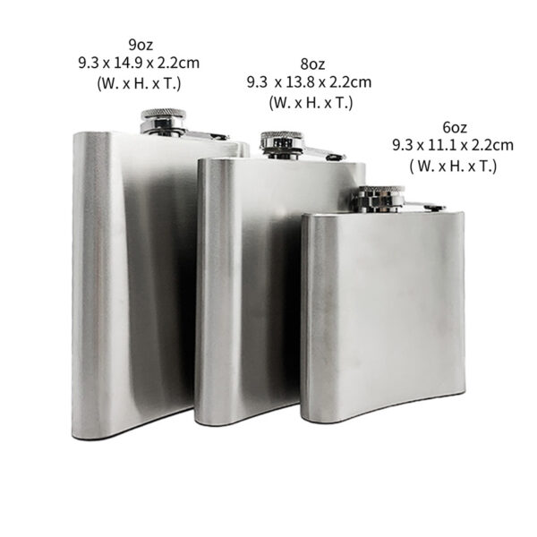 square hip flasks in 6oz, 8oz, and 9oz