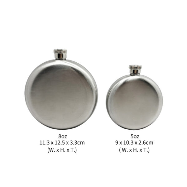 round hip flask in different sizes: 5oz and 8oz