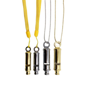 security whistle made from stainless steel and brass with lanyard and ball chain