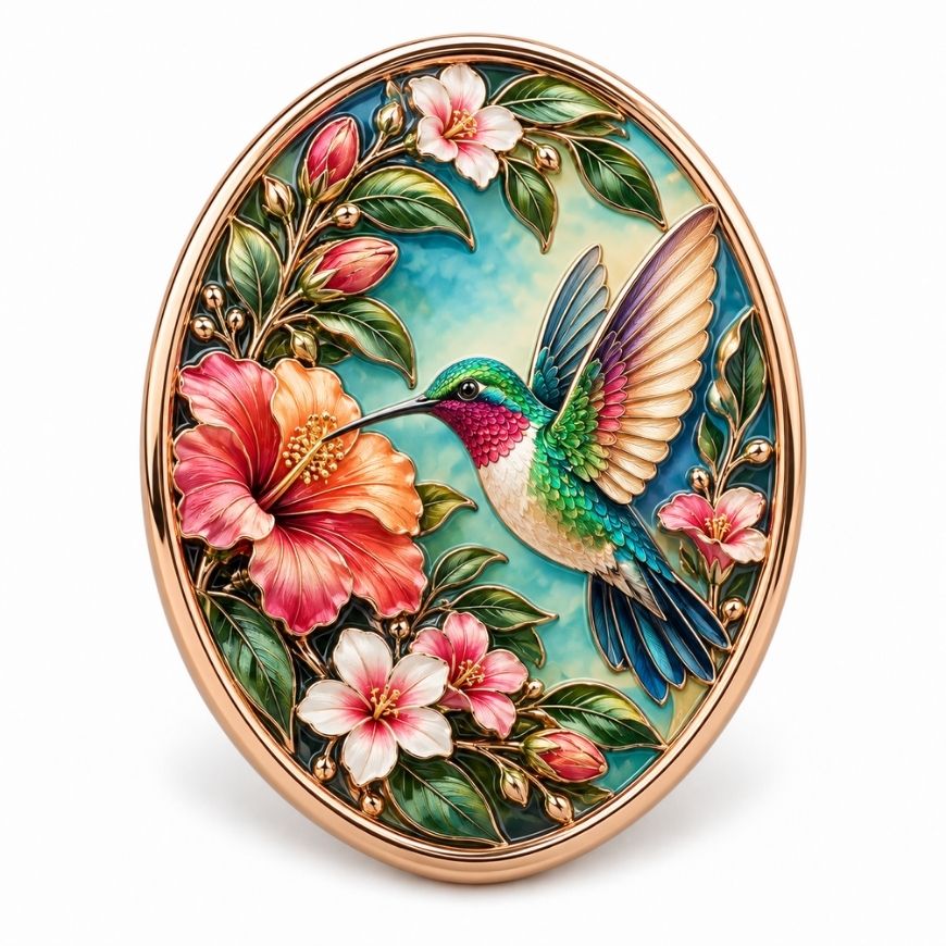 Custom UV printed hummingbird metal pin with rose gold plating, crafted for wholesale collectible souvenir gifts.